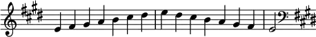 {
\override Score.TimeSignature #'stencil = ##f
\relative c' {
\clef treble \key e \major \time 7/4 e4 fis gis a b cis dis e dis cis b a gis fis e2
\clef bass \key e \major
} }