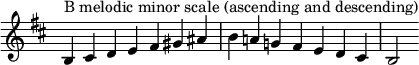 {
\override Score.TimeSignature #'stencil = ##f
\relative c' {
\clef treble \key b \minor \time 7/4
b4^\markup "B melodic minor scale (ascending and descending)" cis d e fis gis ais b a! g! fis e d cis b2
} }