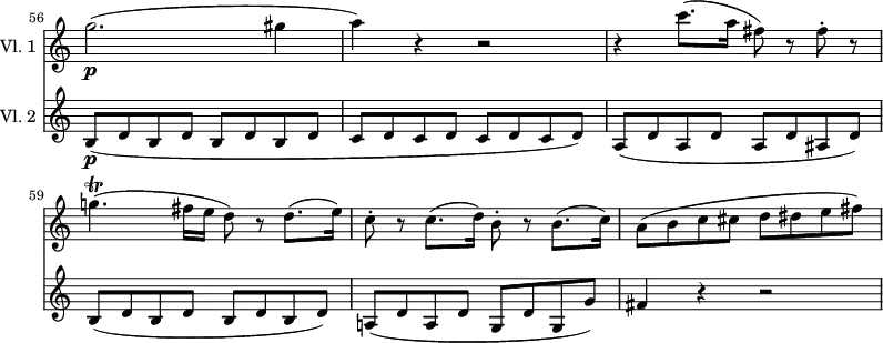 <<
\new Staff \with { instrumentName = #"Vl. 1 "} \relative c'' {
\version "2.18.2"
\key c \major
\set Score.tempoHideNote = ##t
\time 4/4
\tempo 4 = 140
\omit Staff.TimeSignature
\set Score.currentBarNumber = #56
\bar "" % enforce bar number at the very beginning
g'2.\p( gis4 |
a) r4 r2 |
r4 c8.( a16 fis8) r8 fis-. r8 |
g!4.\trill( fis16 e d8) r8 d8.( e16) |
c8-. r8 c8.( d16) b8-. r8 b8.( c16) |
a8( b c cis d dis e fis) |
}
\new Staff \with { instrumentName = #"Vl. 2 "} \relative c'' {
\key c \major
\time 4/4
\omit Staff.TimeSignature
b,8\p( d b d b d b d |
c d c d c d c d) |
a( d a d a d ais d) |
b( d b d b d b d) |
a!( d a d g, d' g, g') |
fis4 r4 r2 |
}
>>