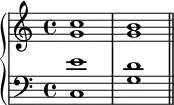 
  \new PianoStaff <<
  \new Staff <<
  \new Voice \relative c'' {
  \stemUp \clef treble \key c \major \time 4/4
  c1 b
  }
  \new Voice \relative c'' {
  \stemDown
  g1 g
  }
  >>
  \new Staff <<
  \new Voice \relative c' {
  \stemUp \clef bass \key c \major \time 4/4
  e1 d
  }
  \new Voice \relative c {
  \stemDown
  c1 g' \bar "||"
  }
  >>
  >>
