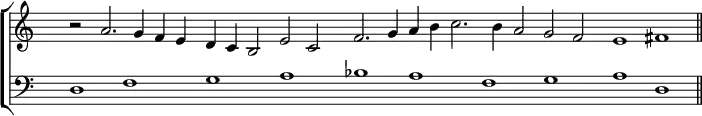 
\new ChoirStaff <<
   \new Staff <<
    \set Score.tempoHideNote = ##t
    \tempo 2 = 88
    \time 4/2
    \override Staff.TimeSignature.transparent = ##t
    \hide Staff.BarLine
    \set Score.skipBars = ##t
         \relative c''
         { r2 a2. g4 f e d c b2 e c f2. g4 a b c2. b4 a2 g f e1 fis \undo \hide Staff.BarLine \bar "||" }
          >>

    \new Staff <<
              \clef "bass"
              \override Staff.TimeSignature.transparent = ##t
              \hide Staff.BarLine
              \relative c { d1 f g a bes a f g a \undo \hide Staff.BarLine d, }
     >>

 >>
